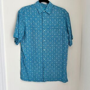 Vintage S/S Tori Richard Aloha Shirt in Aqua & Orange Geometric Print‎ SZ XS EUC
